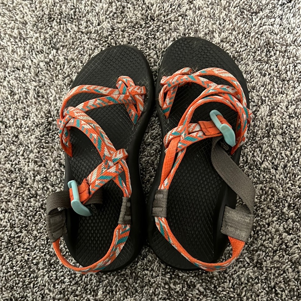 Orange and blue cross toe Chacos
